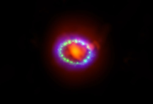 Imagen compuesta de la supernova 1987A. Los datos recabados por ALMA (en rojo) muestran el polvo recién formado en el centro del material remanente. Créditos: Alexandra Angelich (NRAO/AUI/NSF); NASA Hubble; NASA Chandra.