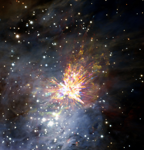  ALMA captura explosivo nacimiento de estrella.Crédito: ALMA (ESO/NAOJ/NRAO), J. Bally/H. Drass et al.