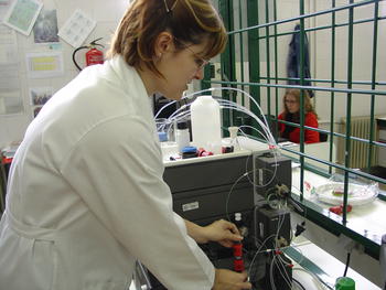 Una investigadora cambia la columna del cromatógrafo