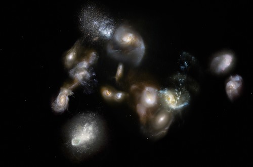 Ilustración de un grupo de galaxias fusionándose y en interacción en el Universo temprano/Credit: ESO/M. Kornmesser