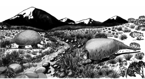 Reconstrucciones hipotéticas de los gliptodontes G. jatunkhirkhi y P. hipsilis. ILUSTRACIÓN: Pedro Cuaranta.