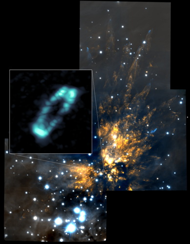 Imagen generada por ALMA donde se aprecia el disco de sal que rodea la joven y masiva estrella Orion Source I (anillo azul)/Crédito: ALMA (NRAO/ESO/NAOJ); NRAO/AUI/NSF; Observatorio Gemini/AURA