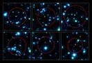 En color rojo seis de las galaxias captadas en las observaciones de ALMA, más nuevas y precisas. ALMA (ESO/NAOJ/NRAO), APEX (MPIfR/ESO/OSO), J. Hodge et al., A. Weiss et al., NASA Spitzer Science Center.