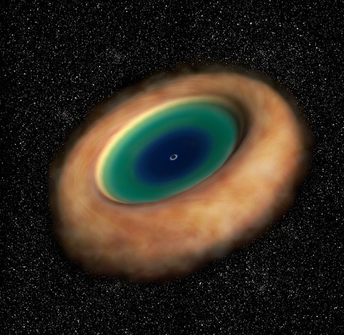 Representación artística del toroide de polvo y gas que rodea el agujero negro supermasivo. ALMA reveló la rotación del toroide con mucha precisión por primera vez. Créditos: ALMA (ESO/NAOJ/NRAO)