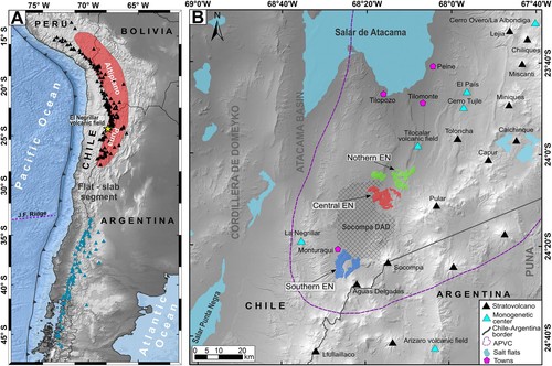 Mapa de la actividad volcánica de la zona: Campo volcánico El Negrillar (amarillo) y sus áreas de estudio (verde, rojo y azul).