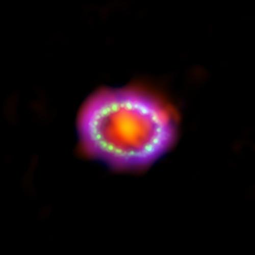 Múltiples longitudes de onda de los remanentes de la Supernova 1987 A. Créditos: NASA, ESA, A. Angelich (NRAO, AUI, NSF).