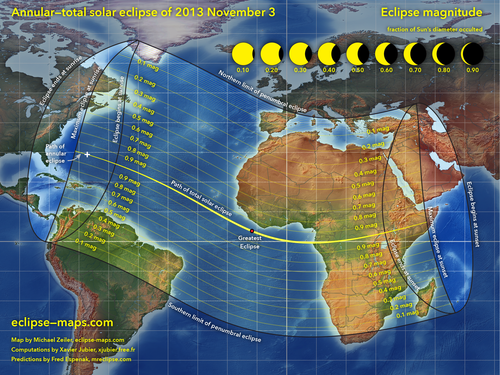 Zona del eclipse híbrido de Sol de 2013. Imagen: Michael Zeiler-OSAE.
