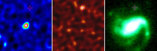 Observaciones de la galaxia que alberga al GRB 020819B. Crédito: Bunyo Hatsukade(NAOJ), ALMA (ESO/NAOJ/NRAO)