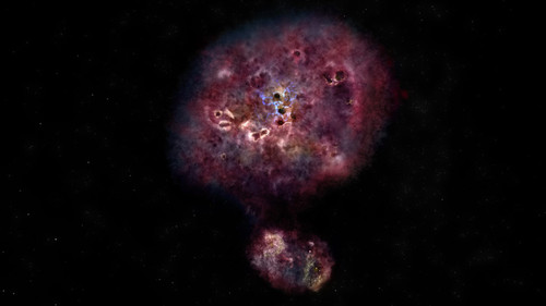 Impresión artística de cómo se vería MAMBO-9 con luz visible. La galaxia tiene mucho polvo y aún no ha construido la mayoría de sus estrellas/NRAO/AUI/NSF, B. Saxton