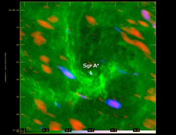 Imagen del centro galáctico creada a partir de la combinación de datos de ALMA y del Very Large Array (VLA). Foto: Proyecto ALMA.