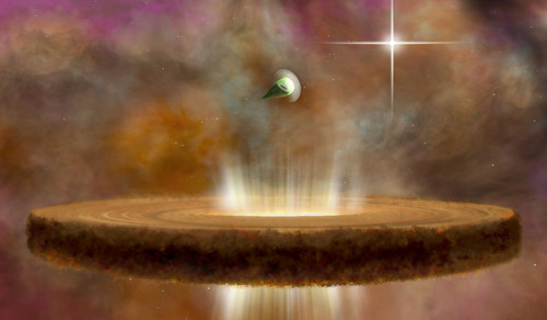 Ilustración de dos discos protoplanetarios, o protoestrellas, alrededor de una estrella masiva de tipo O. Créditos: NRAO/AUI/NSF; B. Saxton.