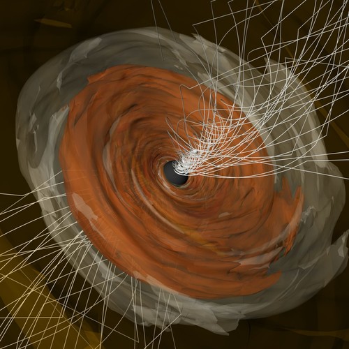 Simulación computacional que representa un disco de plasma (gas caliente) que rodea al agujero negro supermasivo ubicado en el núcleo de la galaxia M87. / George Wong.