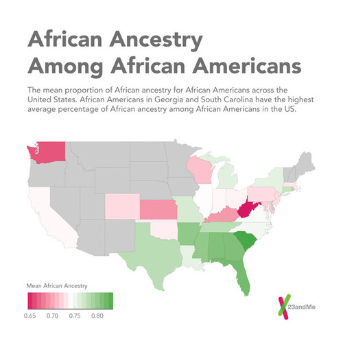 Proporción media de ascendencia africana para los afroamericanos en los Estados Unidos. Los afroamericanos en Georgia y Carolina del Sur tienen el porcentaje más alto promedio de ascendencia africana. / 23andMe