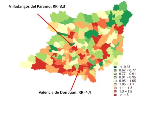 Mapa de riesgos relativos por municipios en el Área de Salud de León.