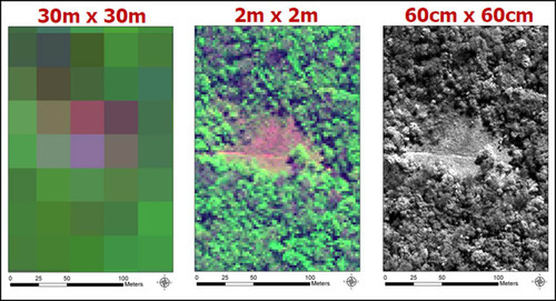 Tres ejemplos de la misma área en Paraguay. A medida que aumenta la resolución, también lo hace la capacidad de detectar una carretera a través de un bosque.  Créditos: 30 metros – Landsat / 2m: WorldView-2 / 60cm: WorldView-2.