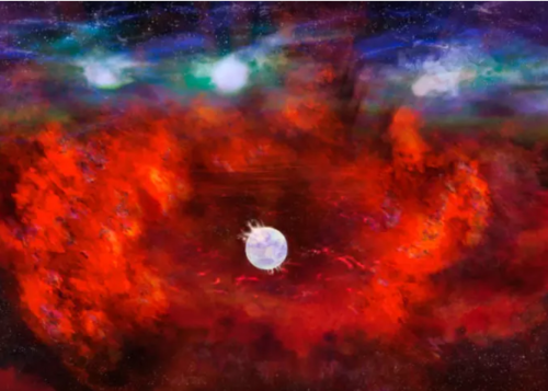Esta representación artística de Supernova 1987A muestra el interior polvoriento del remanente de la estrella que explotó (en rojo), donde podría ocultarse una estrella de neutrones/NRAO/AUI/NSF, B. Saxton