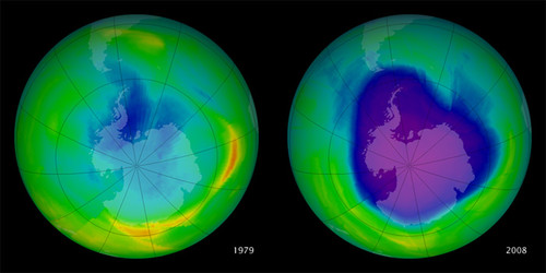 Si bien se registran niveles de recuperación de la capa de ozono, las sustancias que reemplazan a los llamados clorofluoruros de carbono son peores gases de efecto invernadero.  Créditos: NASA / Goddard Space Flight Center Ozone Processing Team.