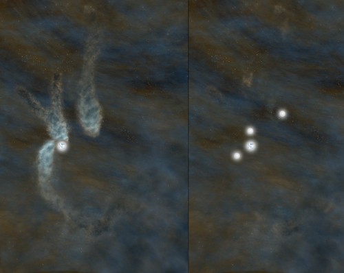 Impresión artística de los resultados. A la izquierda la estrella y el sistema de tres condensaciones de gas denso. A la derecha el sistema después de que las estrellas se formen a partir de las condensaciones/B. Saxton (NRAO/AUI/NSF)