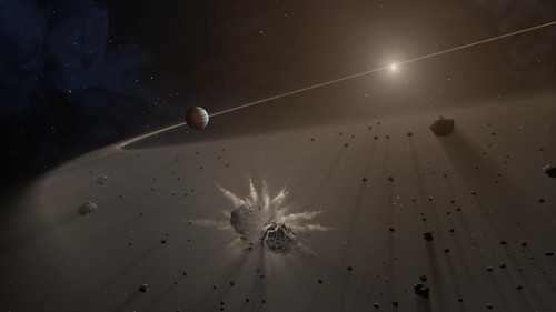 Disco de polvo y fragmentos planetarios en torno a una estrella. NASA/JPL-Caltech.