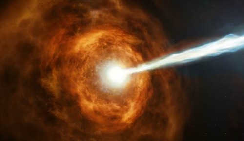 Concepción artística de una explosión de rayos gamma (GRB)./ ESA/ Hubble, M. Kornmesser.