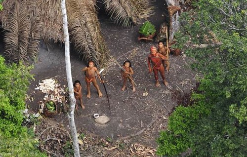 Miembros de una tribu aislada en Brasil miran un avión/© Gleison Miranda/FUNAI/Survival