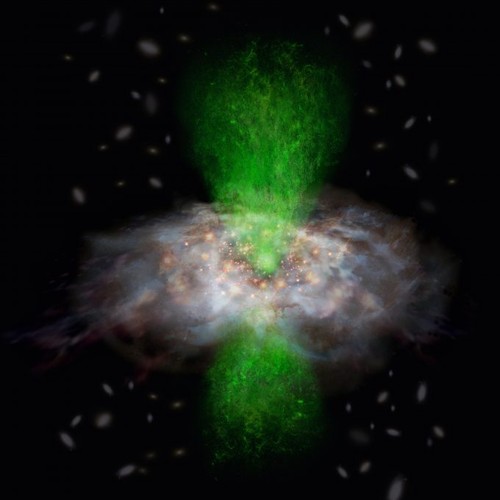 Representación artística donde se aprecia que el chorro de gas ionizado (verde) emanado del agujero negro supermasivo en el centro de la galaxia no afecta el proceso de formación estelar/Créditos: ALMA (ESO/NAOJ/NRAO)