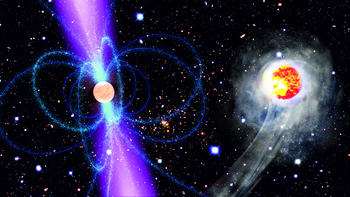 Representación artística del púlsar J1311‐3430, a la izquierda, y su estrella compañera, a la derecha. Imagen: NASA/ESA/CSIC