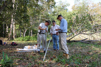 El geógrafo Nicholas Dunning, el antropólogo Vernon Scarborough y el paleoetnobotánico David Lentz buscan información sobre las prácticas agroforestales de los antiguos habitantes de Tikal. (Foto: Universidad de Cincinnati) 