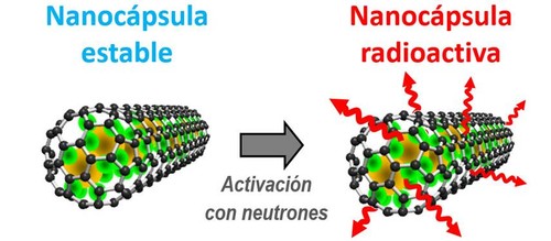La nanocápsula de carbono con átomos de samario es irradiada para destruir los tumores. / ICMAB.