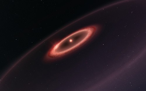 Esta ilustración muestra qué aspecto podrían tener los cinturones de polvo recién descubiertos alrededor de Próxima Centauri, la estrella más cercana al Sistema Solar. Crédito: ESO/M. Kornmesser