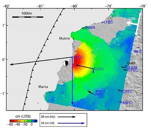 Campo de desplazamiento cosísmico obtenido a partir de datos InSAR y GNSS del terremoto de Pedernales de Mw 7.8 del 16 de abril de 2016/Béjar-Pizarro et al., 2018