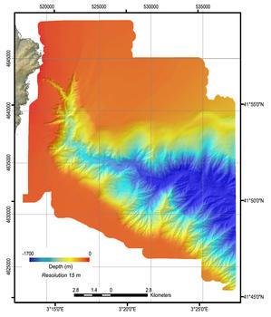 Imagen batimétrica del relieve submarino del cañón de La Fonera. Foto: GRC Geociencias Marinas, UB-CSIC
