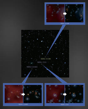 En cada acercamiento, se aprecia a la izquierda la imagen óptica (azul) y milimétrica/submilimétrica (rojo) y, a la derecha, la imagen óptica junto a la de ALMA (FOTO: ALMA (ESO/NAOJ/NRAO) / Universidad de Kioto).