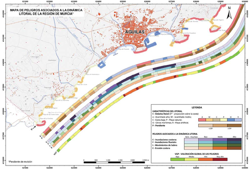 Representación cartográfica de los peligros asociados a la dinámica litoral. Imagen: IGME.