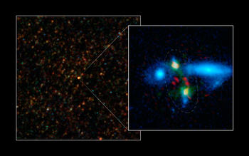 Formación de una galaxia masiva lejana. Crédito: ESA/NASA/JPL-Caltech/UC Irvine/STScI/Keck/NRAO/SAO