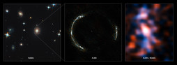 La imagen de la izquierda muestra a la galaxia en primer plano que hace de lente. La imagen central muestra la imagen nÃ­tida observada con ALMA del anillo de Einstein. La imagen resultante de la galaxia lejana (derecha). FOTO: OBSERVATORIO ALMA 