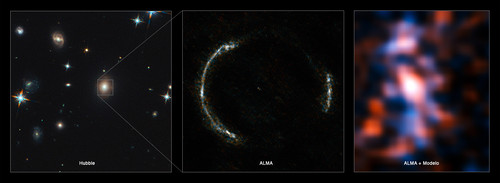 La imagen de la izquierda muestra a la galaxia en primer plano que hace de lente. La imagen central muestra la imagen nítida observada con ALMA del anillo de Einstein. La imagen resultante de la galaxia lejana (derecha). FOTO: OBSERVATORIO ALMA 