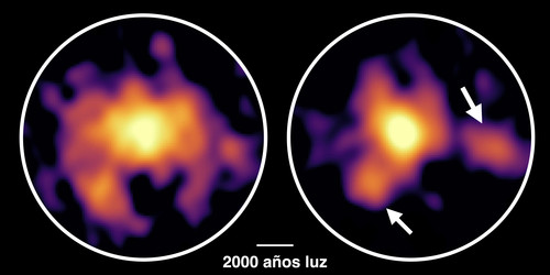 La galaxia monstruosa COSMOS-AzTEC-1 observada con ALMA. ALMA reveló la distribución del gas molecular (izquierda) y de las partículas de polvo (derecha)/ALMA (ESO/NAOJ/NRAO), Tadaki et al.