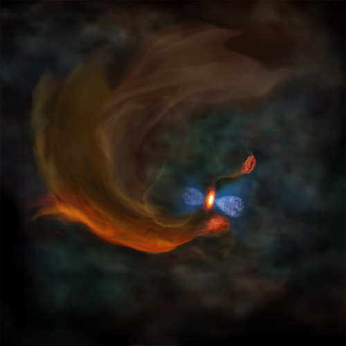 Fig. 2: Ilustración del centro del núcleo de la nube molecular MC27 basada en los resultados de observación de ALMA. Créditos: NAOJ