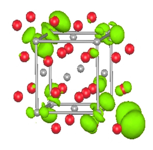 Modelo de la celda unitaria del CeO2, donde las esferas color gris son los iones de cerio, las de color rojo los iones de oxígeno, y la nube de color verde es la densidad del espín de los electrones no apareados alrededor del ión Ce4+. FOTO: UNAM.