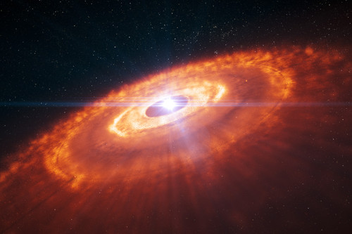 En esta ilustración vemos una estrella joven rodeada por un disco protoplanetario en el cual se forman planetas. Crédito: ESO/L. Calçada 