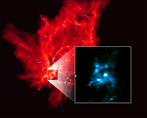 Vista de una nube molecular que genera cúmulos estelares masivos obtenida a partir de simulaciones. FOTO: ALMA (ESO/NAOJ/NRAO), H. B. LIU, J. DALE