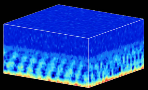 Imagen con resolución atómica de un volumen de sal disuelta en agua cerca de una superficie sólida. Imagen: CSIC.