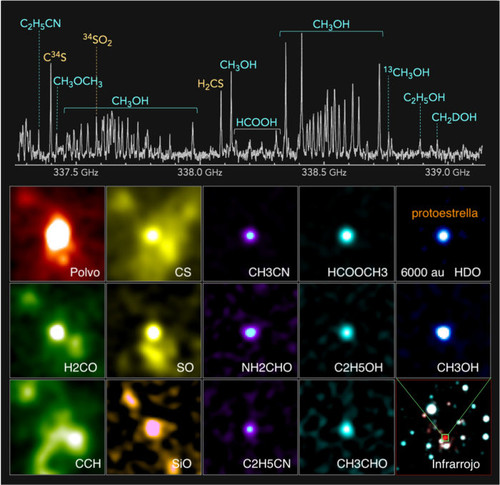 Arriba: Espectro de radio de una protoestrella en el extremo exterior de la Galaxia descubierto con ALMA. Abajo: Distribuciones de las emisiones de radio de la protoestrella./ ALMA (ESO / NAOJ / NRAO), T. Shimonishi (Universidad de Niigata)