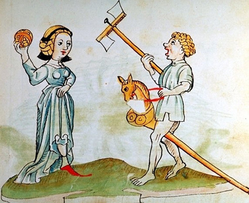 Ilustración medieval de niños jugando con un caballito y una pelota. / ÖNB-Biblioteca Nacional de Austria 12820, fol. 182r, c. 1484-1486.