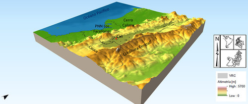 Representación topográfica del valle geográfico del río Cauca. Foto: Andrés Ardila, magíster en Ingeniería Ambiental, UNAL Sede Bogotá.