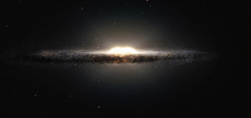 Esta expresión artística de la Vía Láctea muestra cómo en su centro se ve una estructura de X. Crédito ESO-NASA-JPL-Caltech M. Kornmesser R. Hurt.