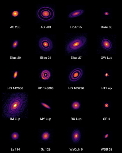 Imágenes en alta resolución de ALMA de discos protoplanetarios cercanos, como resultado del proyecto DSHARP. Crédito: ALMA (ESO/NAOJ/NRAO), S. Andrews et al.; N. Lira.