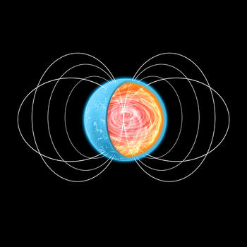  Imagen artística del interior de un magnetar, donde se generan las líneas del campo magnético que luego emergen hacia el exterior. Crédito: NASA.