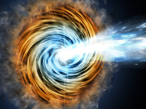 En una galaxia activa hay materia que cae hacia su agujero negro supermasivo, es acelerada y expulsada en chorros. Ilustración: M. Weiss/CfA.